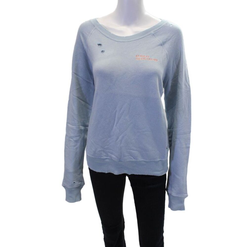 Philanthropy Womens Distressed As Far AS The Eye Can See Sweater Blue Size Large